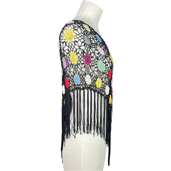 Black Boho Crochet Floral Aurora Borealis Crystal Accent Fringed Poncho - Picture 3 of 7